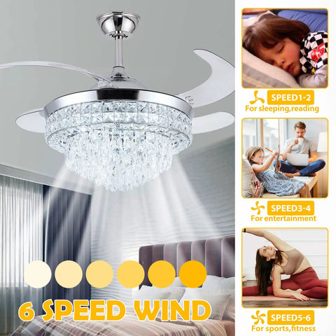Crystal Ceiling Fan With Light 42 Inch Fandelier Retractable Blades Remote Control Six Speeds Stepless Dimmable Glam Chandelier Fan