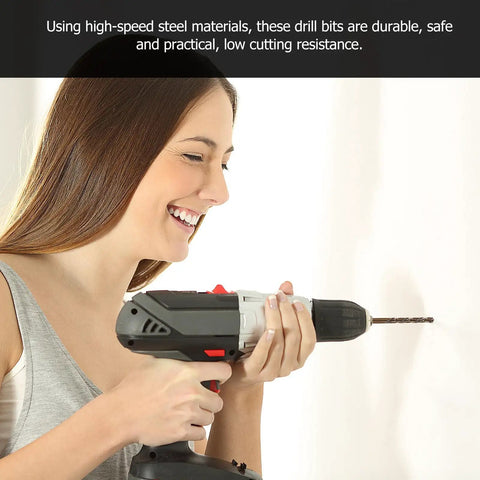 Get This Slick 10pc Cobalt High-Speed Steel Twist Drill Bit Kit That Crushes Through Metal Wood Plastic And Hardened Surfaces With Ease While Keeping Chips Flying And Drilling Super Fast For Any Hardcore DIY Project You Got Going On. Woman holding drill with cobalt steel bit