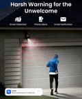 Smart detection by Power Over Ethernet PTZ Security Camera System With 4K Dual Lens on person near garage at night.