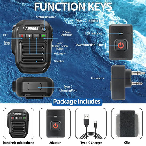 Waterproof Float Wireless Mic For Ham Radios 2 Pin Shoulder Speaker Microphone For Baofeng UV-5R BF-F8HP UV-5R Plus UV-32 GM-15Pro AR-152 K5 Plus Works With iOS And Android showcasing front and side views, adapter, Type-C charger and clip displayed above ocean background.