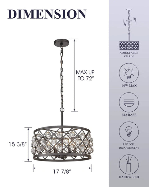 4 Light Crystal Chandelier With Oil Rubbed Bronze Finish, dimensions and features, Modern Farmhouse Pendant Light For Dining Room And Kitchen Island, 18 Inch Fixture With K9 Crystals, Ultra Chic Glow