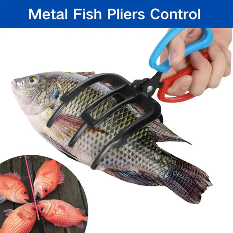 3 Claw Fish Gripper With Metal Pliers No Finger Pricks Secure Catch Control Clamp Hook Remover Tool gripping a fish securely.