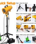 Step-by-step setup guide for the 1000W Outdoor Foam Party Machine with highlighted connection points.