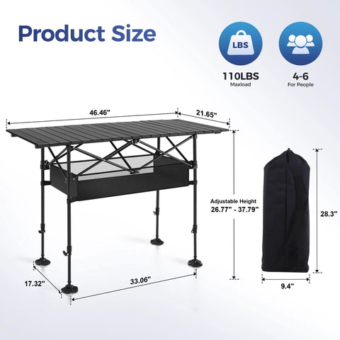 Portable Adjustable Aluminum Camping Table With Built In Storage For Grill BBQ Travel Picnic Beach And Backyard Use showing dimensions and folded bag
