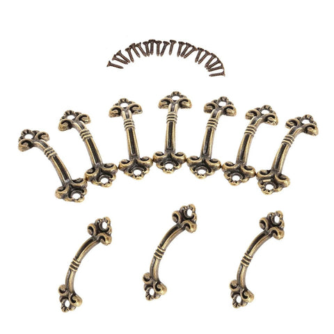 10 Pack Antique Brass Zinc Alloy Mini Jewelry Box Drawer Cabinet Knob Pull Handle For Small Chests And Cabinets With 38mm Hole Spacing And 48mm Diameter Includes Mounting Screws Vintage Look Hardware For Furniture Restoration And Craft Projects displayed with screws on white background.