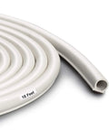 Close-up of white weather stripping for doors and windows with self adhesive backing, 18 feet, seals large gaps, coiled view