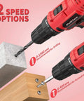 Go-To 20V Cordless Drill Driver Kit With Dual 1.5Ah Batteries showing two speed options for drilling and screwdriving.