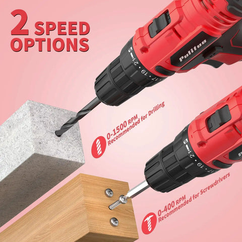 Go-To 20V Cordless Drill Driver Kit With Dual 1.5Ah Batteries showing two speed options for drilling and screwdriving.
