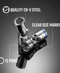 Close-up of Three Eighth Inch Drive Universal Joint Socket Set, chrome-plated CR-V steel, showing clear size marking and 12-point design.