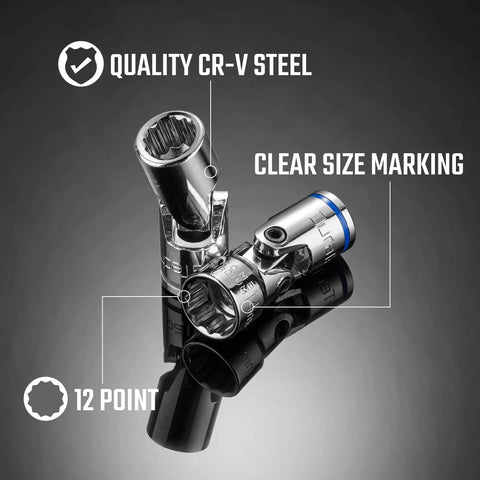 Close-up of Three Eighth Inch Drive Universal Joint Socket Set, chrome-plated CR-V steel, showing clear size marking and 12-point design.