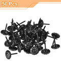 Top Tier Black Upholstery Tack Nail Pins Heavy Carbon Steel Furniture Repair Kit 50 Piece decorative thumb tacks on a white background.