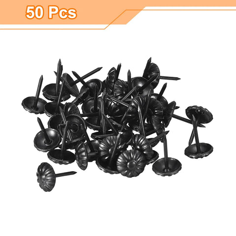 Top Tier Black Upholstery Tack Nail Pins Heavy Carbon Steel Furniture Repair Kit 50 Piece decorative thumb tacks on a white background.