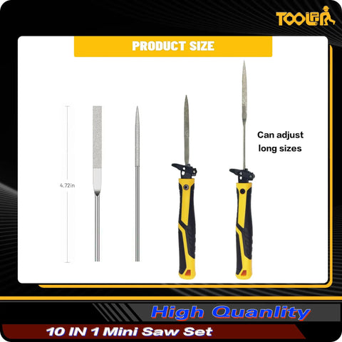 10 In 1 Model Craft Hand Saw And File Kit with Quick Change Blades showing product size and adjustable handles.