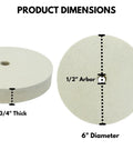 Transform Your Bench Grinder With These Heavy Duty 6 Inch Hard Felt Buff Wheels showing 6 inch diameter and 3/4 inch thick dimension details.