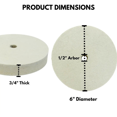 Transform Your Bench Grinder With These Heavy Duty 6 Inch Hard Felt Buff Wheels showing 6 inch diameter and 3/4 inch thick dimension details.