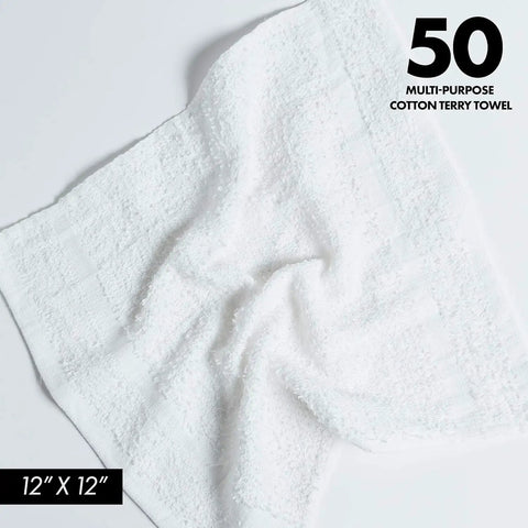 Pack Of 50 White 12 By 12 Inch Cotton Terry Cleaning Cloths For Auto Detailing, Painters, And General Cleaning, Highly Absorbent