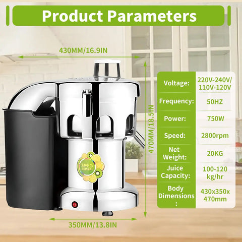 Heavy Duty Commercial Juicer Machine 750W Electric Fruit And Vegetable Extractor Stainless Steel Centrifugal Juice Press high speed specifications