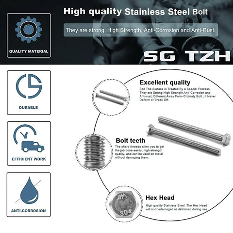 Infographic showcasing one quarter inch hex head screw bolt pack of twenty in 304 stainless steel fully threaded with plain finish