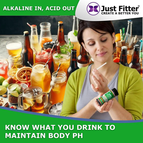 Woman using Alkaline Water pH Test Strips Kit for Home Use and Liquid Testing near drinks, showing pH balancing