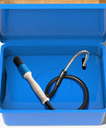 Heavy Duty Parts Washer Brush With 31 Inch Hose, durable rubber construction in blue storage container, ergonomic grip handle.