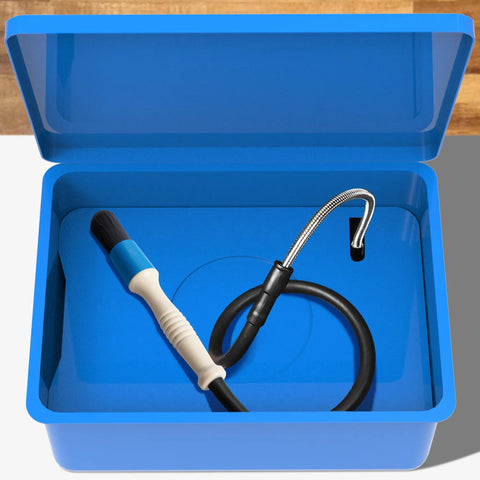 Heavy Duty Parts Washer Brush With 31 Inch Hose, durable rubber construction in blue storage container, ergonomic grip handle.