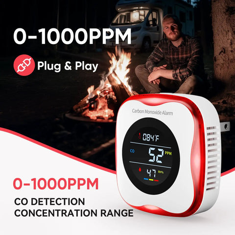 Plug In Carbon Monoxide Alarm 3-In-1 Detector With Real Time Temperature And Humidity Display near a campfire at night