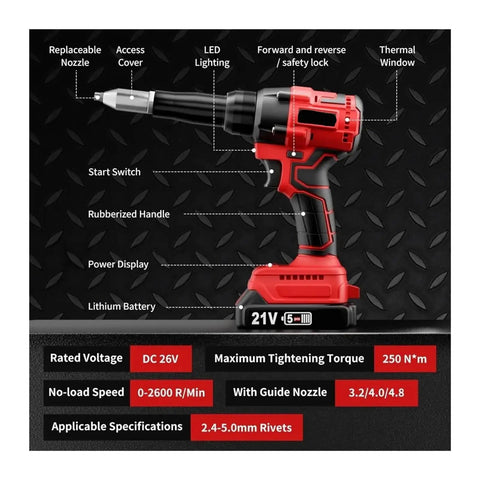 Cordless Rivet Gun Kit With Two Batteries, Brushless Blind Riveter Tool for various rivet sizes with detailed features.
