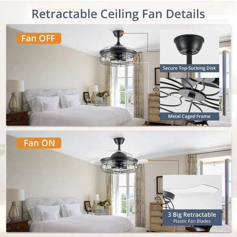 Room with Dope 42 Inch Retractable Ceiling Fan With Lights In Farmhouse Industrial Style, fan off and on, secure disk, cage frame, blades.