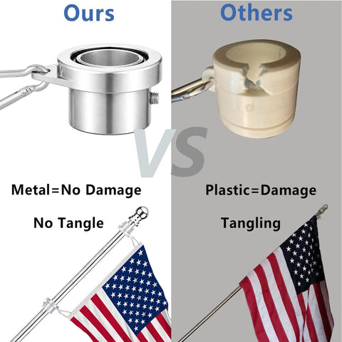 Aluminum Flag Pole Rings With Bearing For 0.75 To 1 Inch Flag Poles, No Tangle 360 Degree Rotation, Durable Carabiner Clips, No Fuss Quick Install, Keeps Your Flag Flowing Smooth And Safe. metal ring on flagpole with carabiner clip, no tangle display