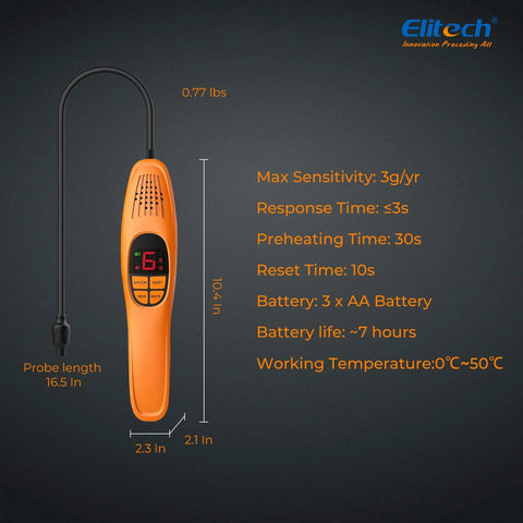 Elitech LD-100+ orange handheld refrigerant leak detector with curved probe, front view