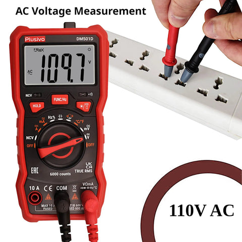 6000 Counts Digital Multimeter Auto Ranging TRMS measuring AC voltage with probes in power strip