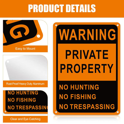 Real Deal Heavy Duty Reflective Aluminum No Trespassing Signs 8 Pack Large 10x7 Orange Private Property Warning Posts For Hunters Weatherproof Outdoor Boundary Tough As Nails showing easy-to-mount reflective signs.