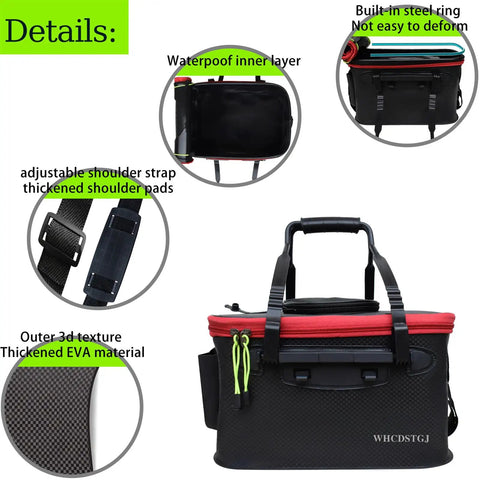Foldable 6 Gallon EVA Fishing Bucket With Breathable Zippered Net Top, shown with adjustable straps and waterproof inner layer