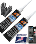 Two black RTV silicone gasket maker tubes (Hi-Temp 590°F) with gloves and retail packaging