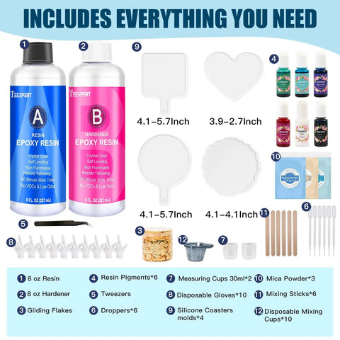 All In One Epoxy Resin Kit For Beginners With Silicone Coaster Molds, Pigments, Measuring Cups, Gloves, Droppers, And Crystal Clear Resin For Easy DIY Coasters 16 Oz displayed with all components labeled.