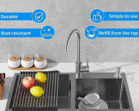 Built In Kitchen Soap Dispenser With Brushed Nickel Finish Top Refill Access in a modern kitchen sink with faucet