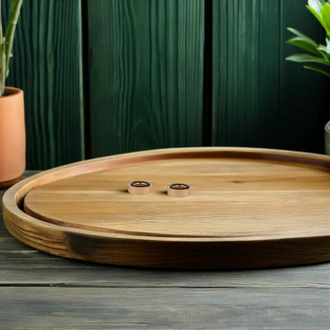 8 Pack Non Slip Rubber Feet With Aluminum Base for Wood Cutting Boards on a wooden tray