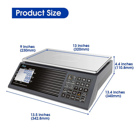 Digital Price Computing Scale 60Lb 0.02Lb NTEP Certified For Trade with dual LCD displays showing dimensions in inches and mm.