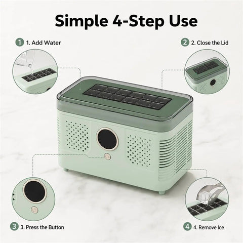 Sleek Countertop Ice Maker With Zero Sweat One Touch Operation And Smooth Self Cleaning Design Blazing Fast Cube Production For Weekend Hangouts Home Bars Or Office Chill Areas Ultra Compact showing simple steps for use.