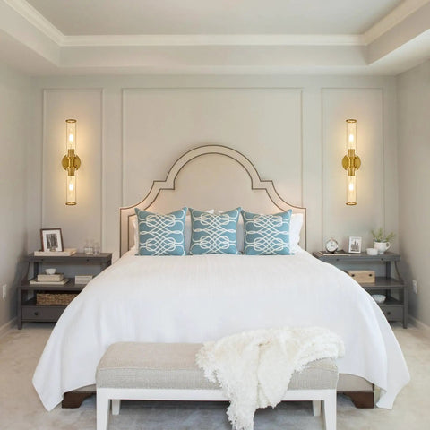 Battery Operated Wireless Wall Sconces With Remote 2 Pack Gold above bed in bright bedroom setting