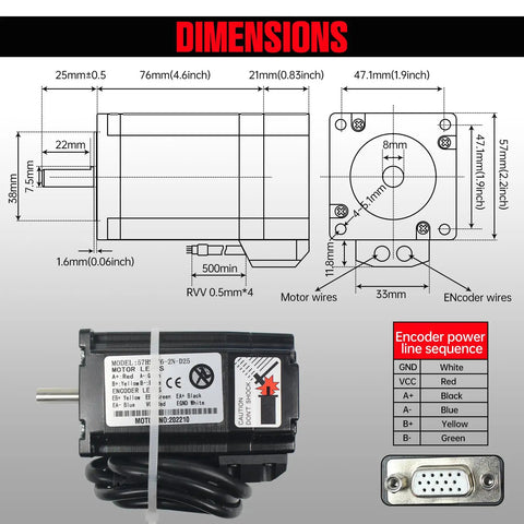 Nema 23 Closed Loop Stepper Motor Kit dimensions diagram with encoder power line sequence, for DIY CNC Router Engraving and Milling