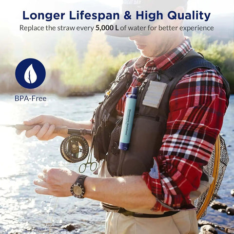 Person using Portable Survival Water Filter Straw Kit, 4 Pack, Emergency Drinking Gear For Hiking, Camping, Travel, Fishing, Blue