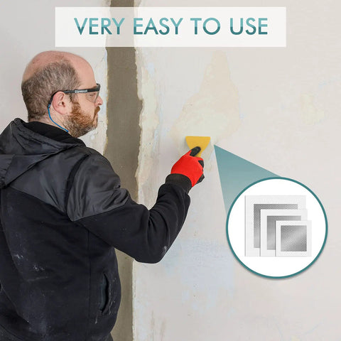 Man repairing wall using Self Adhesive Drywall Patch Kit For Holes And Cracks, 4 Inch, 6 Inch, And 8 Inch Mesh Wall Repair Patches, 12 Pack