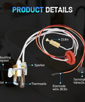 SP21058 Pilot assembly for gas water heater with thermopile and sparker, featuring mounting bracket and electrode wires