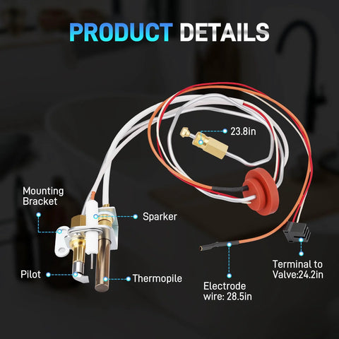 SP21058 Pilot assembly for gas water heater with thermopile and sparker, featuring mounting bracket and electrode wires