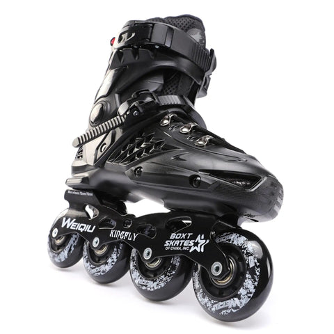 Close-up of black All Terrain Inline Skates for Adults Unisex with durable PP shell, aluminum frame, ABEC 9 bearings, and PU wheels.