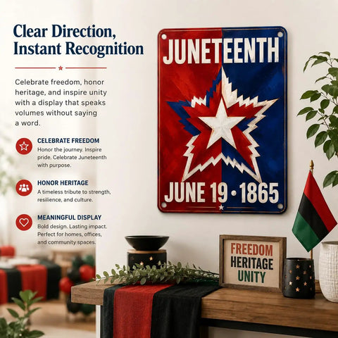 Juneteenth plaque with red, white, and blue star design, June 19, 1865 date, displayed on wall with plants and flags