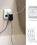 Six Outlet Wall Tap Extender Grounded Adapter Turns Two Outlets Into Six, Creating a Handy Charging Station For Phone, Tablet, Nintendo Switch, Smartwatch And Other Gear, ETL Listed White shown installed with dimensions