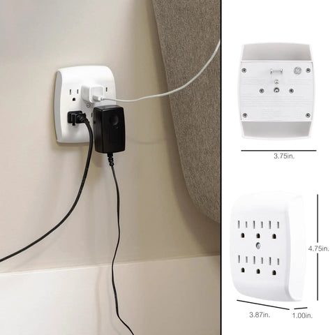 Six Outlet Wall Tap Extender Grounded Adapter Turns Two Outlets Into Six, Creating a Handy Charging Station For Phone, Tablet, Nintendo Switch, Smartwatch And Other Gear, ETL Listed White shown installed with dimensions