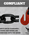 Close-up of compliant Grade 80 chain and red clevis grab hook from Quarter Inch By Ten Foot Transport Binder Chain.